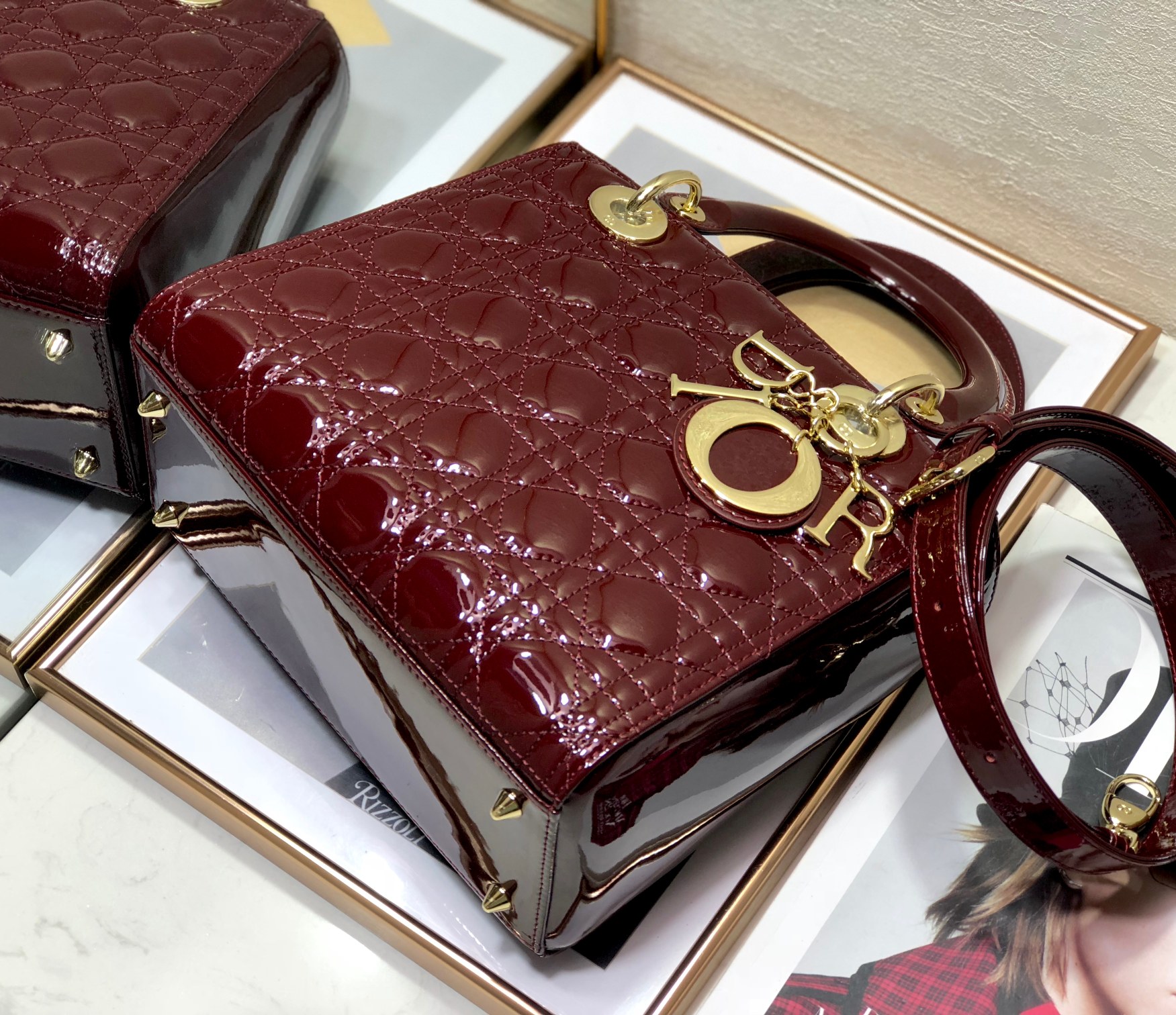 Medium Lady Dior Bag Burgundy Patent Cannage Calfskin